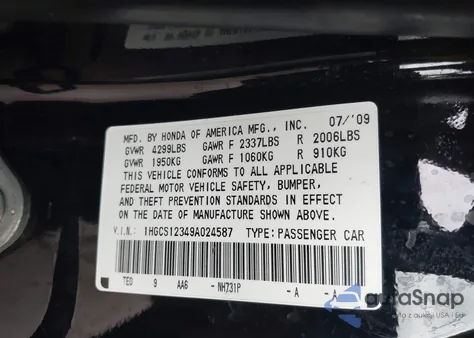 2009 Honda Accord 2.4 Lx-S z USA, uszkodzony, nr VIN 1HGCS12349A024587